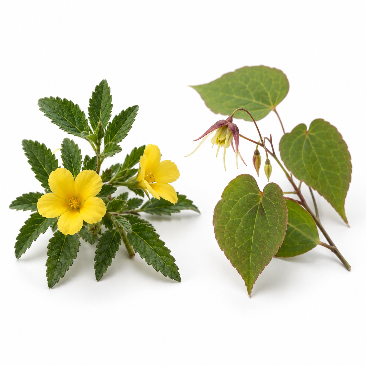 Feuilles de damiana avec fleurs jaunes et rameau d’épimède
